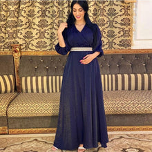 Load image into Gallery viewer, Plus Size Women's Diamond Belt Puff Sleeve Dress Evening Dress Turkish Long Muslim Robe Abaya Kimono Jalabiya Dress Dubai
