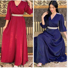 Load image into Gallery viewer, Plus Size Women's Diamond Belt Puff Sleeve Dress Evening Dress Turkish Long Muslim Robe Abaya Kimono Jalabiya Dress Dubai