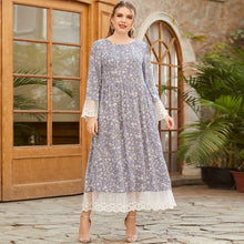 Load image into Gallery viewer, Plus Size Women's Round Neck Long-sleeved Fashion Printed Lace Front Swing Dress Muslim Woman Kimono Moroccan Woman Clothes