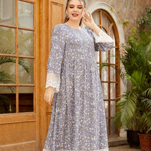 Load image into Gallery viewer, Plus Size Women's Round Neck Long-sleeved Fashion Printed Lace Front Swing Dress Muslim Woman Kimono Moroccan Woman Clothes