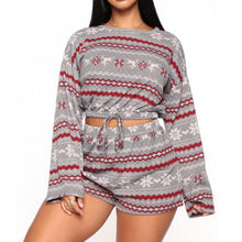 Load image into Gallery viewer, Plus size Christmas print Cotton Clothes  O-Neck Long sleeve shorts Two piece outfits for women Tracksuit