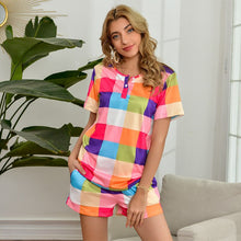 Load image into Gallery viewer, Rainbow Plaid Two-piece Set Home Women Pant Suit O-neck T Shirt Elastic Waist Sexy Shorts Summer Casual Streetwear Pants Suits