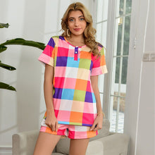 Load image into Gallery viewer, Rainbow Plaid Two-piece Set Home Women Pant Suit O-neck T Shirt Elastic Waist Sexy Shorts Summer Casual Streetwear Pants Suits