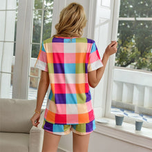 Load image into Gallery viewer, Rainbow Plaid Two-piece Set Home Women Pant Suit O-neck T Shirt Elastic Waist Sexy Shorts Summer Casual Streetwear Pants Suits