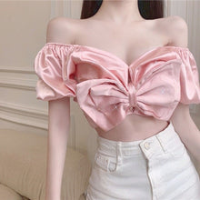 Load image into Gallery viewer, Sexy Party Night Club Ladies Crop Tops Women Off Shoulder Sweet Cute Korean Clothing Puff Sleeve Bow Designer Shirts Summer 2021