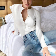 Load image into Gallery viewer, Sexy V Neck Knitted Bodysuit Women Black Long Sleeve Buttons Rompers Womens Jumpsuit 2020 Casual One-pieces Bodysuits