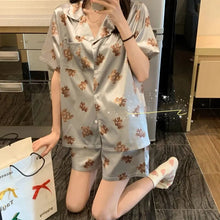 Load image into Gallery viewer, Silk Pajamas For Women Summer Thin Little Bear Printing Short Sleeve Shorts Cartoon Style Women'S 2 Piece Set Satin Home Dress