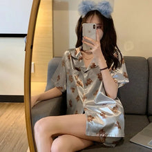 Load image into Gallery viewer, Silk Pajamas For Women Summer Thin Little Bear Printing Short Sleeve Shorts Cartoon Style Women'S 2 Piece Set Satin Home Dress