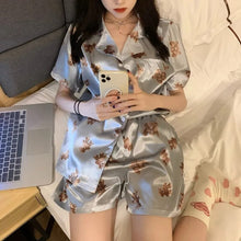 Load image into Gallery viewer, Silk Pajamas For Women Summer Thin Little Bear Printing Short Sleeve Shorts Cartoon Style Women'S 2 Piece Set Satin Home Dress