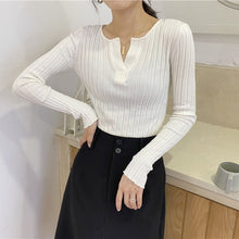 Load image into Gallery viewer, Simple V Neck Slim Fit Sweater Women Korean Style Chic Long Sleeve Knitted Pullovers Women Autumn Winter Bottom Sweaters Women