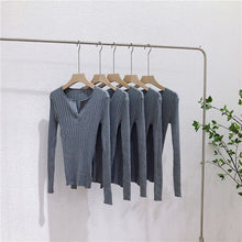 Load image into Gallery viewer, Simple V Neck Slim Fit Sweater Women Korean Style Chic Long Sleeve Knitted Pullovers Women Autumn Winter Bottom Sweaters Women