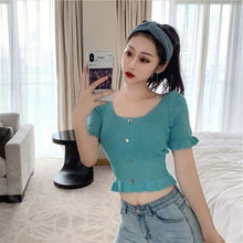 Load image into Gallery viewer, Skinny T-shirts Girls Cropped Slim Fashion Knitting Pullovers Vintage Tee Summer Tops Solf Woman Slim Ruffles Crop Sweaters Pink
