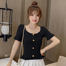 Load image into Gallery viewer, Skinny T-shirts Girls Cropped Slim Fashion Knitting Pullovers Vintage Tee Summer Tops Solf Woman Slim Ruffles Crop Sweaters Pink