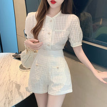 Load image into Gallery viewer, Small Fragrance Korean Sweet Two Piece Set Women Crop Top Puff Sleeve Shirt Blouse + Shorts Set Casual 2 Piece Pants Suits