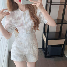 Load image into Gallery viewer, Small Fragrance Korean Sweet Two Piece Set Women Crop Top Puff Sleeve Shirt Blouse + Shorts Set Casual 2 Piece Pants Suits