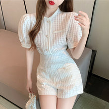 Load image into Gallery viewer, Small Fragrance Korean Sweet Two Piece Set Women Crop Top Puff Sleeve Shirt Blouse + Shorts Set Casual 2 Piece Pants Suits