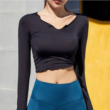 Load image into Gallery viewer, Sports Long-sleeved T-shirt Women Round Neck Drawstring Short Fitness Top Elastic Quick-drying Breathable Yoga Shirts