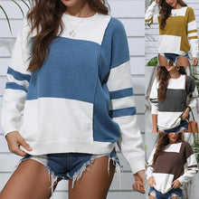 Load image into Gallery viewer, Spring Autumn Tops Women's Sweater Contrast Color Stitching Round Neck Pullover Sweaters O-Neck Loose Striped Knitted Sweater