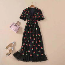 Load image into Gallery viewer, Strawberry dress Sequined Embroidery Cascading Ruffle Maxi Dress Women summer V-neck Puff Sleeve Bow Pink Tulle Mesh Long Dress