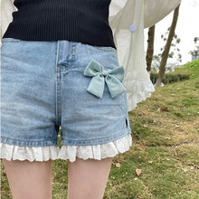 Load image into Gallery viewer, Summer Japanese Kawaii Denim Pants Women Bowknot Lace Sweet Cute Wide Leg Pants High-waisted College Style Korean Clothing 2021