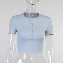 Load image into Gallery viewer, Summer New Round Neck T-Shirt Top Women Short-Sleeved Slim Blouse Solid Temperament Single-Breasted Women's T-Shirts Short Tops