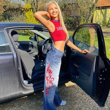 Load image into Gallery viewer, Sweetown Gradient E Girl Baggy Mom Jeans Women Vintage Print Wide Leg Denim Trousers 90s Aesthetic Korean Low Waist Cargo Pants