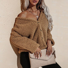 Load image into Gallery viewer, Thick Warm Fake Fleece Jacket For Women Fluffy Jackets Overcoat 2021 Fashion V Neck Button Down Long Sleeve Cardigan Loose Coat