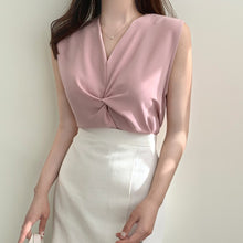 Load image into Gallery viewer, V-neck Twisted Sleeveless Shirt Simple Korean Chic Office Lady Solid Women Tops Elegant Temperament All Match Summer Blusas Moda