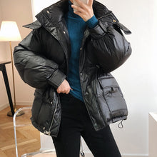Load image into Gallery viewer, Winter Padded Coat Warm Femme Hooded Parka Cotton-Padded Clothes Waisted Simple Women Jackets Buttons Zipper Female Casual Coats