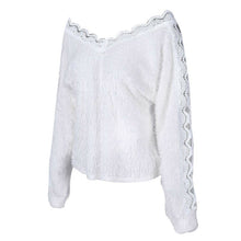 Load image into Gallery viewer, Winter V-neck Womens knitted Sweaters Hollow Jumper Loose White Pullover Female Sweater Blouse Sexy Women Clothing