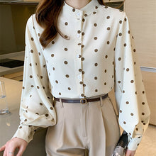 Load image into Gallery viewer, Women Casual Stand-Up Collar Shirts Lady Spring Autumn Fashion Korean Lantern Sleeves Buttons Polka Dot Blouse Streetwear Tops