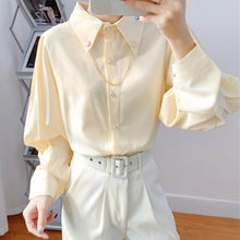 Load image into Gallery viewer, Women Casual Turn-Down Collar Shirts Ladies Spring Autumn Fashion Korean Lantern Long Sleeves Buttons Chain Blouse Streetwear