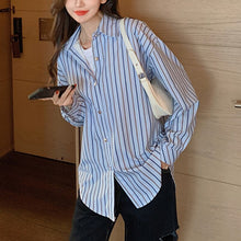 Load image into Gallery viewer, Women Casual Turn-Down Collar Shirts Lady Spring Autumn Fashion Korean Long Sleeves Buttons Striped Blouse Loose Streetwear Tops