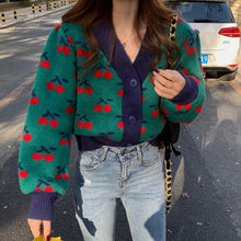 Load image into Gallery viewer, Women Fashion Cherry Cardigan Clothes Vinage Knit Cropped V-Neck Sweaters Tops Loose Pull Femme Korean Fashion Sueter Mujer