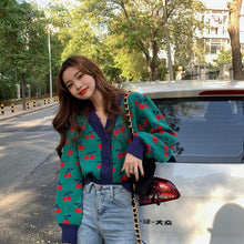 Load image into Gallery viewer, Women Fashion Cherry Cardigan Clothes Vinage Knit Cropped V-Neck Sweaters Tops Loose Pull Femme Korean Fashion Sueter Mujer