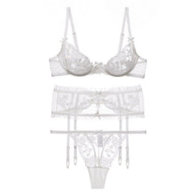 Load image into Gallery viewer, Women Floral Embroidered Lace Lingerie Underpants Set Hollow Sexy Underwear Ultra-thin See-through Bra Garter Belt T Pants Suit