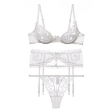 Load image into Gallery viewer, Women Floral Embroidered Lace Lingerie Underpants Set Hollow Sexy Underwear Ultra-thin See-through Bra Garter Belt T Pants Suit