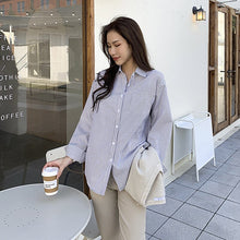 Load image into Gallery viewer, Women French Striped Shirt Lapel Single Breasted Poplin Fashion Loose Simple Autumn Long-Sleeve Shirts Lady New Design Tops