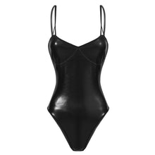 Load image into Gallery viewer, Women PU Leather Bodysuits Femme Party Black V-neck Skinny Sleeveless Spaghetti Strap Jumpsuit Rompers Lady Sensual Underwear