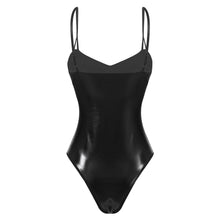 Load image into Gallery viewer, Women PU Leather Bodysuits Femme Party Black V-neck Skinny Sleeveless Spaghetti Strap Jumpsuit Rompers Lady Sensual Underwear