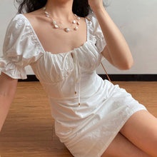Load image into Gallery viewer, Women dress Summer French Retro Boho Tie Neck Mini Sexy White Women Dress Elegant Puff SleeveCasual Party Beach Light Dresses