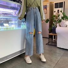Load image into Gallery viewer, Women's Denim ripped trousers Fall Cost-Effective Early Autumn High Waist Slimming Holes Denim Length Loose Straight Pants