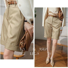 Load image into Gallery viewer, Women's Summer Shorts High Waist Knee Length Straight Pants with Belt Office Khaki White Black Casual Short Pants Women Fashion