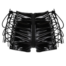 Load image into Gallery viewer, Womens Pole Dance Mini Short Wet Look Patent Leather Hollow Out Lace-up Zipper Crotch Rave Booty Shorts Pants for Night Club