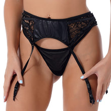 Load image into Gallery viewer, Womens Two-piece Underwear Set Faux Leather Lace Patchwork Adjustable Waistband Garters with Low Waist G-string Thong Underpants