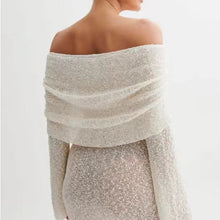 Load image into Gallery viewer, Women&#39;s Spring Summer Knitted Dress Elegant Party Boat Neck Dress Infant Off Shoulder Bodycon Long Sleeve Fuzzy Short Club Chic Mini Dress