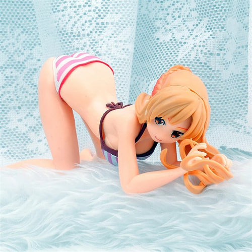 Anime Sword Art Online Asuna Sexy Girl PVC Figure Model Striped Kneeling Swimsuit Phone Holder Fans Collectible Toy Doll