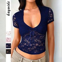 Load image into Gallery viewer, Deep V See-through Lace Slim Short-sleeved Tops Women&#39;s Clothing