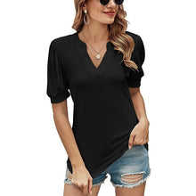 Load image into Gallery viewer, Casual V-neck Solid Color Puff Sleeve Loose T-shirt For Women