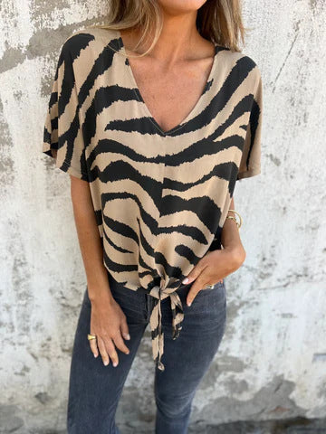 Women's V-neck Print Lace-up Zebra Pattern
